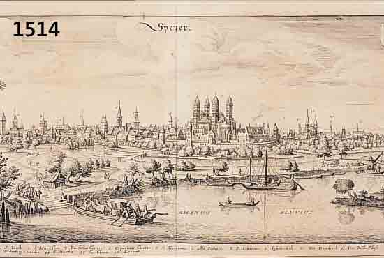 KUPFERSTICH VON M. MERIAN, UM 1650, GESAMTANSICHT SPEYER, VOM RHEIN AUS GESEHEN, GEGELäTTETER MITTELBUG, CA. 17 X 34 CM, PP, U.GL., R.