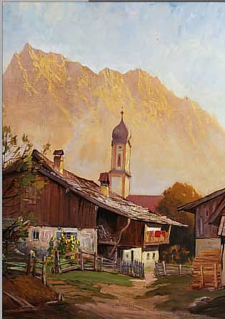 MAURUS, HANS, 1901 MüNCHEN-GEFALLEN 1942, ÖL/MALKARTON, CA. 50 X 40 CM, R., DORFANSICHT MIT KIRCHE VOR HOCHGEBIRGSKULISSE