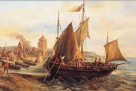 SYLVAIN, FRANZöSISCHER MALER, UM 1900, HEIMKEHRENDE FISCHERBOOTE, ÖL/LWD AUF HARTFA- SER AUFGEZOGEN, CA. 30 X 63 CM, R.