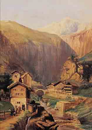 UNBEKANNTER KüNSTLER, UM 1830/40, ÖL/LWD., DORF IN GEBIRGSLANDSCHAFT MIT PERSONESTAFFAGE,SCHöNER ALTER PRUNKRAHMEN AUS DER ZEIT, VER- GOLDET, ...