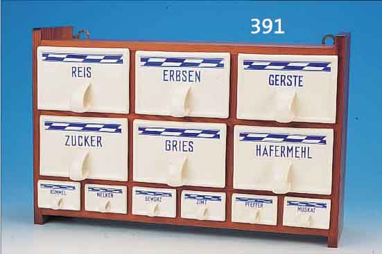 GEWüRZSCHRANK, MAX ROESLER RODACH, 20ER JAHRE, ART-DECO, , FEINSTEINGUT, BLAUER STILTYPISCHER DEKOR, MIT SECHS ...
