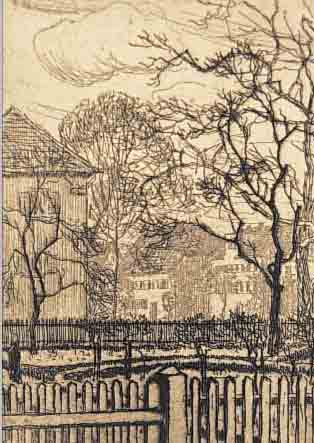 DöRR, FERDINAND, 1880 BAD DüRKHEIM-1968 KARLSRUHE, BLICK üBER DEN GARTENZAUN, RADIERUNG, ...