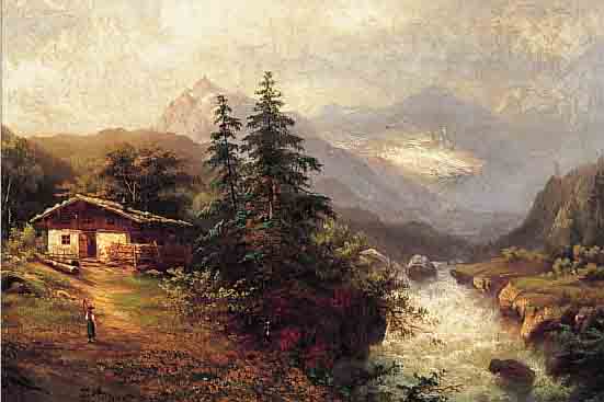 AUGUST, J., DATIERT (18)73, GEBIRGSLANDSCHAFT IN TIROL, FRAU MIT SENSE VORGEHöFT, ÖL/LWD, LI. U. SIGN. UND DAT., CA. 41 X 68 CM