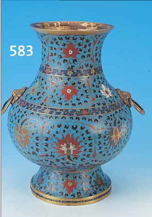 GROßE VASE, CHINA, UM 1590-1630, SPäTE WAN-LI-DYNASTIE, BRONZEKORPUS, REICH BUNT EMAILLIERT IN CLOISONNé-TECHNIK, TüRKISBLAU- GRUNDIG, ...
