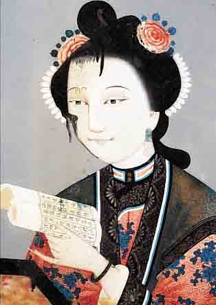HINTERGLASMALEREI, CHINA, UM 1850, FRAU MIT SCHRIFTROLLE, WASSERSCHADEN, CA. 49 X 34 CM