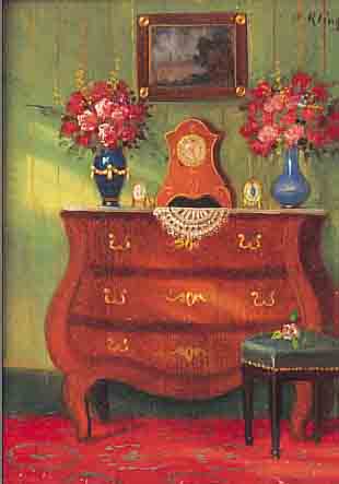 KLINGSBöGL, RUDOLF, 1881 WIEN-1943, INTERIEUR MIT KOMMODE, UHR, HOCKER UND BLUMEN,ÖL/HOLZ, RE. O. SIGN., CA. 16 X 13 CM, U.GL., R.