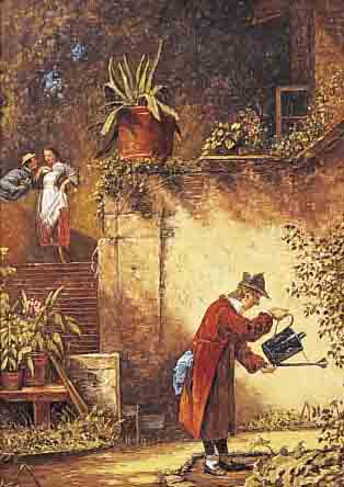 WENDLAND, LEO, TRADITIONALIST DES 20. JH., KOPIE NACH SPITZWEG: DER GARTENFREUND, ÖL/ LWD, LI. U. SIGN., CA. 30 X 24 CM, R.
