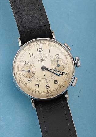HUGEX ARMBANDCHRONOGRAPH, REF.-NR. 43201, SCHWEIZ UM 1940, METALL VERCHR., EDELST.- BODEN U. GLASR. GEDR., ORIG.-BLATT FL., 30- ...