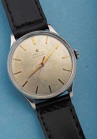 ZENITH HERRENARMBANDUHR HAMMERAUTOMATIK, SCHWEIZ UM 1949, EDELST., GLASR. GEDR., GEH.- BODEN ERSATZW. VON OMEGA, BLATT VERS. FL., 20 ST., KAL. ...