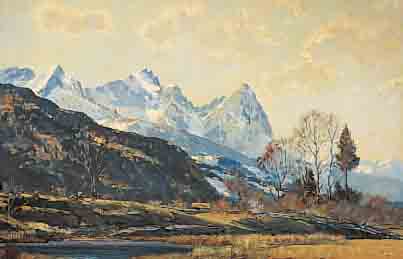 WALCH, PAUL JOHANN, 1881 LEUTSTETTEN-1958, VORGEBIRGSLANDSCHAFT, ÖL/LWD, RE. U. SIGN. UND BEZ.: LEUTSTETTEN, OBB., CA. 70 X 80 CM