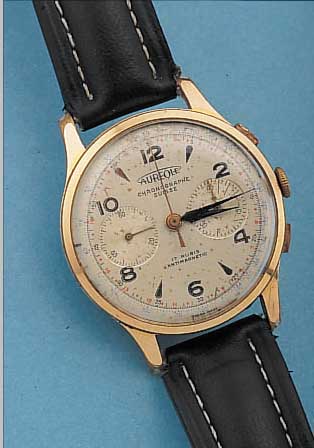 AUREOLE ARMBANDCHRONOGRAPH, SCHWEIZ UM 1952,METALL VERG., BER., EDELST.-BODEN U. GLASR. GEDR., ORIG.-BLATT FL., 45-MIN.-STOPPZäHLER, 17 ST., ...