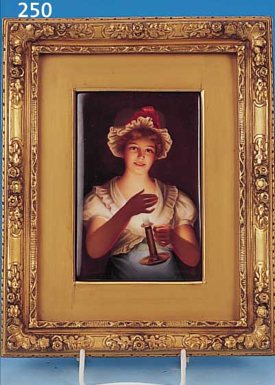 PORZELLANPLATTE, MERKEL UND HEINE WIESBADEN, UM 1895, JUNGES MäDCHEN MIT EINEM LEUCHTER IN DER HAND, ORIGINALAUFKLEBER UND ORIGINAL- RAHMEN, ...