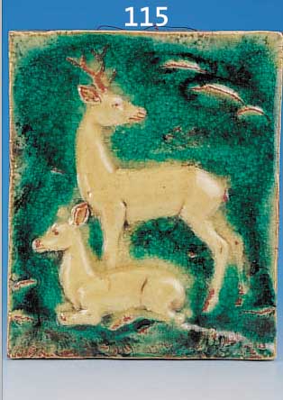 HUGO RUF, KARLSRUHER MAJOLIKA BILDFLIESE, HIER: ZWEI REHE, MOD. NR. 4414, 1935-62, 30 X 24 CM