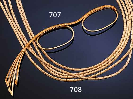 MODERNES LORGNON, DEUTSCH CA. 70ER JAHRE, GG 750/000, TEILSATINIERT, CA. 16.6G, WOHL UNIKAT, HANDARBEIT, AUSGEFALLEN, L. INSG. CA. 15 CM