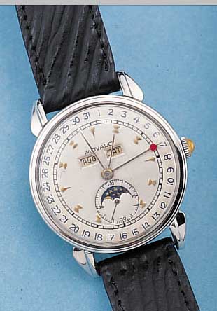 MOVADO HERRENARMBANDUHR VOLLKALENDER, REF.- NR. 14920, SCHWEIZ UM 1947, EDELST., BODEN U. GLASR. GEDR., BET. BANDANST., KORREKTURDR. SEITL. IM ...
