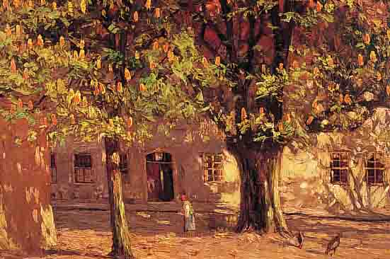 ALTENKIRCH, OTTO, 1875 ZIESAR-1945 SIEBENLEHN, HOF MIT BLüHENDEN KASTANIENBäUMEN, ÖL/LWD, ...