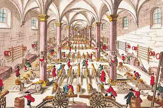 KOLORIERTER KUPFERSTICH, BALTHASAR PROBST, 1730, ANSICHT DES UNTEREN TEILS EINES ZEUG- HAUSES, CA. 28.5 X 40 CM, GEBRäUNT