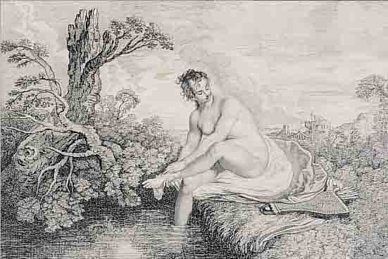 AVELINE PIERRE-ALEXANDRE, 1702-1760, , KUPFERSTICH NACH EINEM GEMäLDE VON WATTEAU, SUSANNA IM BADE, CA. 27 X 38 CM, GEGLäTTETE BUGFALTE, ...