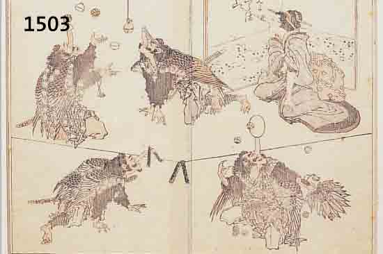 JAPANISCHER FARBHOLZSCHNITT VON HOKUSAI, UM 1840, KARIKATUR, GEGLäTTETE BUGFALTE, CA. 18 X 25 CM, RäNDER BESCHNITTEN, PP