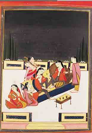 MINIATURMALEREI, INDIEN, UM 1840-50, PALASTDAMEN, FEINE GOUACHEMALEREI, CA. 24 X 18 CM