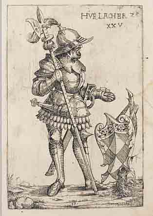 KUPFERSTICH, DEUTSCH, UM 1528, DARSTELLUNG EINES RITTERS, BEZ.: HURLACHER, CA. 21 X 14 CM, PP