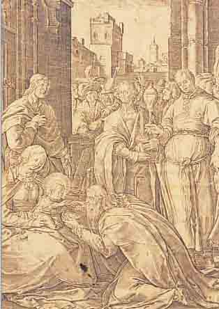 VAN LEYDEN, LUCAS, KUPFERSTICH, UM 1520, DIE HL. DREI KöNIGE HULDIGEN DEM CHRISTUSKIND,CA. 15 X 10,5 CM, BESCHNITTEN