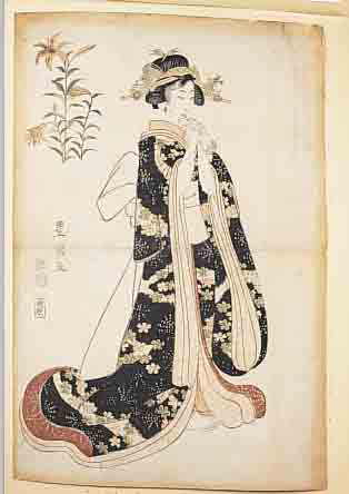 TOYOKUNI, JAPANISCHER FARBHOLZSCHNITT, UM 1810-15, GEISHA IM KIMONO, GEGLäTTETE BUGFALTE, LEICHT GEBRäUNT, RäNDER BESCHNITTEN,CA. 38 X ...