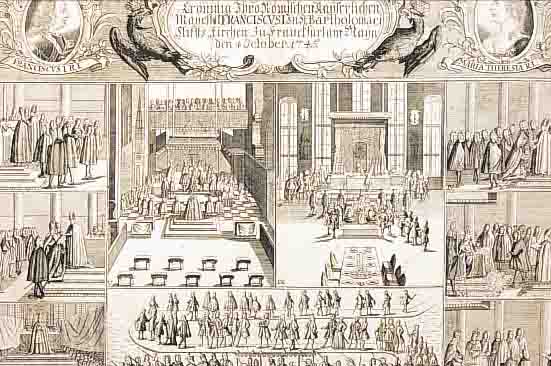 KUPFERSTICH, DEUTSCH, 1745, DIE KRöNUNG DES KAISERS FRANZ IM BARTHOLOMäUS-STIFT FRANKFURT, RäNDER BESCHNITTEN, CA. 34 X 44 CM, PP
