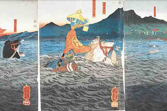 KUNIYOSHI, 1798-1861, JAPANISCHER FARBHOLZSCHNITT, TRIPTYCHON, KäMPFER VERSINKEN IM MEER, JE CA. 36 X 25 CM