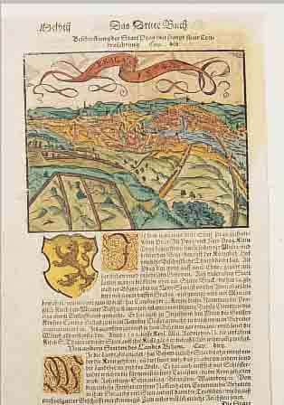 BUCHSEITE MIT KOLORIERTEM HOLZSTICH VON PRAG, DATIERT 1574, CA. 28.5 X 19 CM, PP