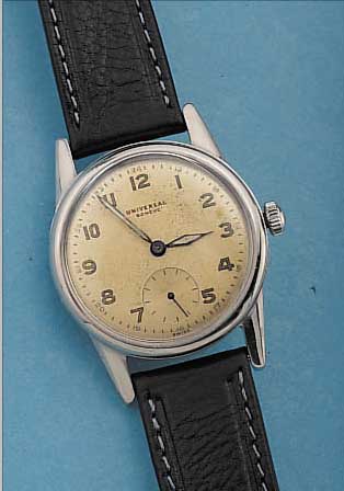 UNIVERSAL GENEVE HERRENARMBANDUHR, REF.-NR. 212202, SCHWEIZ UM 1948, EDELST., WASSERGESCH.DRUCKBODEN M. SPEZIELLER WERKPAßTECHNIK, BLATTVERS., ...