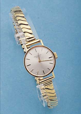 IWC DAMENGOLDBANDUHR, SCHWEIZ UM 1964, GG 750/000-GEH., NEUTR. GG 585/000-ELASTOFIXO- GLIEDERB., BODEN GEDR., BLATT VERS., FORM- ANKERW., 17 ...