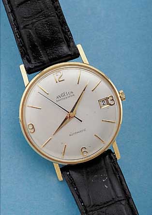 ANGELUS HERRENARMBANDUHR AUTOMATIK DATOGRAPH, REF.-NR. 1715A, SCHWEIZ UM 1956, GG 750/000, BODEN U. GLASR. GEDR., VERS. BLATT, 17 ST., ...