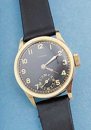 ESZHA HERRENARMBANDUHR, REF.-NR. 88593, DEUTSCHLAND/SCHWEIZ UM 1938, GG 585/000, BODEN U. GLASR. GEDR., AUßER LEDERB. ORIG.- ZUSTAND, 15 ...