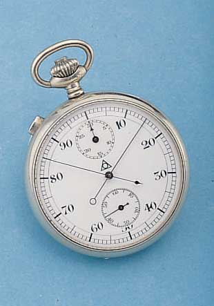 ALPINA EINHANDSTOPPER SCHLEPPZEIGERFUNKTION, REF.-NR. 443695, SCHWEIZ UM 1940, NICKEL, PERF. EMAILBL. SIGN., 30-MIN.-STOPPZäHLER, 100ER ...