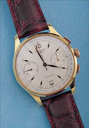 VENUS ARMBANDCHRONOGRAPH, KAL. 188, SCHWEIZ UM 1956, NEUTR. METALLGEH. HARTVERG., EDELST.-BODEN U. GLASR. GEDR., BLATT BEZ. UNIVERSAL GENEVE ...