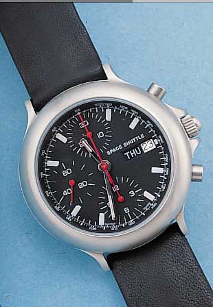 ORFINA ARMBANDCHRONOGRAPH SPACESHUTTLE, REF.-NR. 775101, SCHWEIZ UM 1996, EDELST. SAT.MINERALFLACHGL., TAG U. DATUM, BODEN GEDR., LEDERB., ...