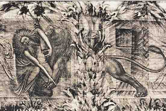 FUCHS, ERNST, PROF., GEB. 1930 WIEN, SAMSON KäMPFT MIT DEN LöWEN, RADIERUNG MIT BUGFALTE, HANDSIGNIERT, CA. 31 X 52,5 CM, WVZ WEIS ...