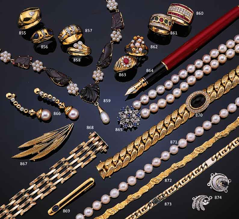COLLIER MIT PERLEN UND TURMALINEN, GG 585/0000, VORDERTEIL MIT IN BLATTFORM GRAVIER-TEN TURMALINEN, IM VERLAUF, PERLCHEN-BLüTEN (HINTEN 1 ...