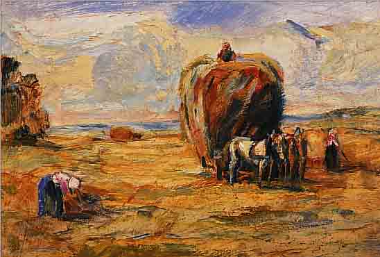 ZUSCHREIBUNG: ROBERT SCHLEICH, 1845-1934, HEUERNTE, ÖL/MALKARTON, RE. U. UNLESERLICH SIGN., VS. 36 X 49 CM, R.