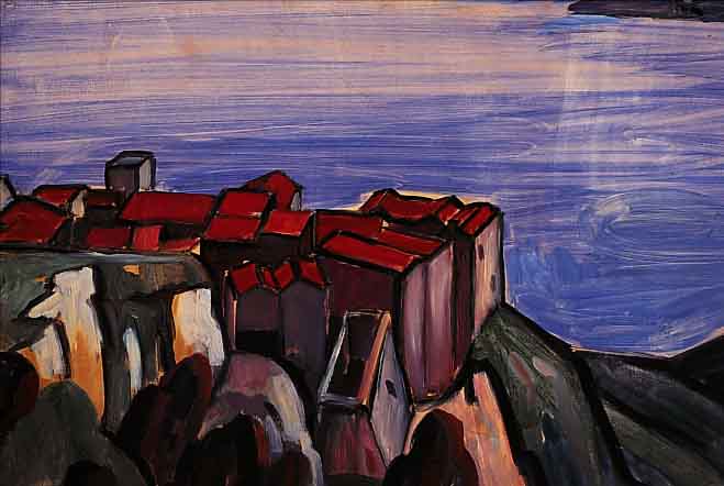 RAFFY, JEAN (LE PERSAN), GEB. 1920 IN PERSIEN,WAR TäTIG IN PARIS, SüDLICHE STADT AN DER STEILKüSTE, GOUACHE AUF PAPIER, AUF MALKARTON ...