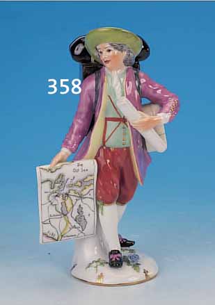 PORZELLANFIGUR, AUGARTEN, WIEN, NACH 1950, BUNT STAFFIERT, KARTENVERKäUFER NACH VORBILD VON 1745/50, GOLDSTAFFIERT, H. 18 CM