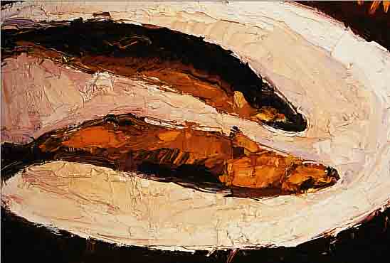 KISSEL, WORMSER MALER, ANSäSSIG IN SPEYER, STILLEBEN MIT ZWEI FISCHEN, ÖL/LWD, SIGN. UND DAT. 90, CA. 40 X 50 CM, R.