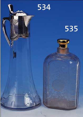 KARAFFE, WMF, UM 1900, GLAS OPTISCH GEBLASENMIT METALLMONTUR, ALTERSBEDINGT, FLECKIG, GESCHLIFFEN, MONOGRAMM.