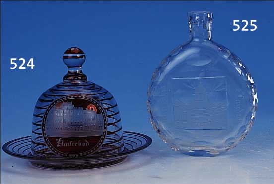 BUTTERGLOCKE, BöHMEN, 2. HäLFTE 19. JH., FARBLOSES GLAS, RUBINIERT, H. 10 CM, GESCHNITTENE ANSICHT VON TEPLITZ, STADTBAD, ...