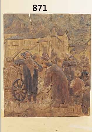LINDENHOLZPLATTE, EISIG BAR, JEKELS TEMPEL, UM1950, GäNSEMARKT, LINDENHOLZ AUS VOLLHOLZ GESCHNITZT, LEICHT SCHWUNDRISSIG, UNIKAT, CA. 74 X 62 CM
