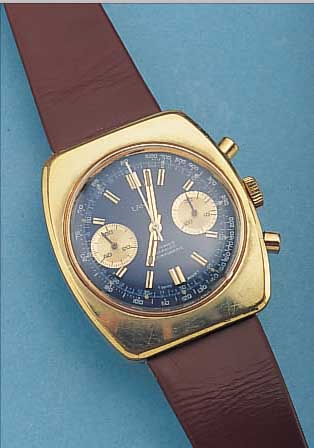 LANCO ARMBANDCHRONOGRAPH, REF.-NR. 2001-8, SCHWEIZ UM 1968, METALL VERG., SCHR.-BODEN, AUßER LEDERB. ALLES ORIG., VALJOUX BASISKAL. 7733, 17 ...