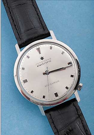 JUNGHANS HERRENARMBANDUHR ELEKTRONIK/ATO-CHRON DEUTSCHLAND UM 1967, EDELST., KAL. 600, VERG. WERK, NR. 27009, EINE DER ERSTEN TRANS.-GEST. ...
