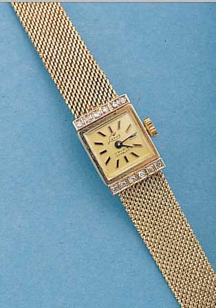 GLASHÜTTE DAMENGOLDBANDUHR LUXUS, DEUTSCH- LAND UM 1974, GG 585/000-GEH. INCL. GG-FLECHT-BAND, ZU DEN BANDANST. M. DIAMANTEN ZUS. CA. 0,25 CT, ...