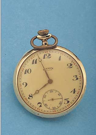 UNION HERRENTASCHENUHR LEPINE, SCHWEIZ UM 1938, GG 585/000, BER./DELLIG, EMAILBL. SIGN.,FEIN HAARR. BEI 3, METALLCUV. M. WIDMUNGSGRAV.15 ST., ...